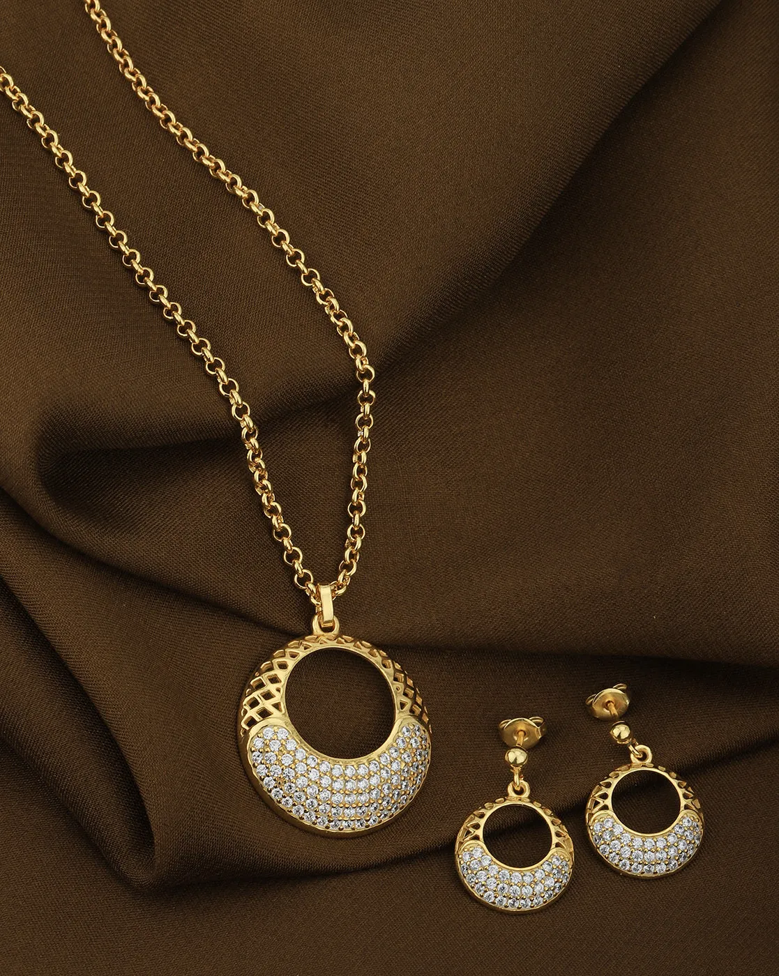 18kt Gold Plated with CZ Filigree Circular Necklace and Earring set for women