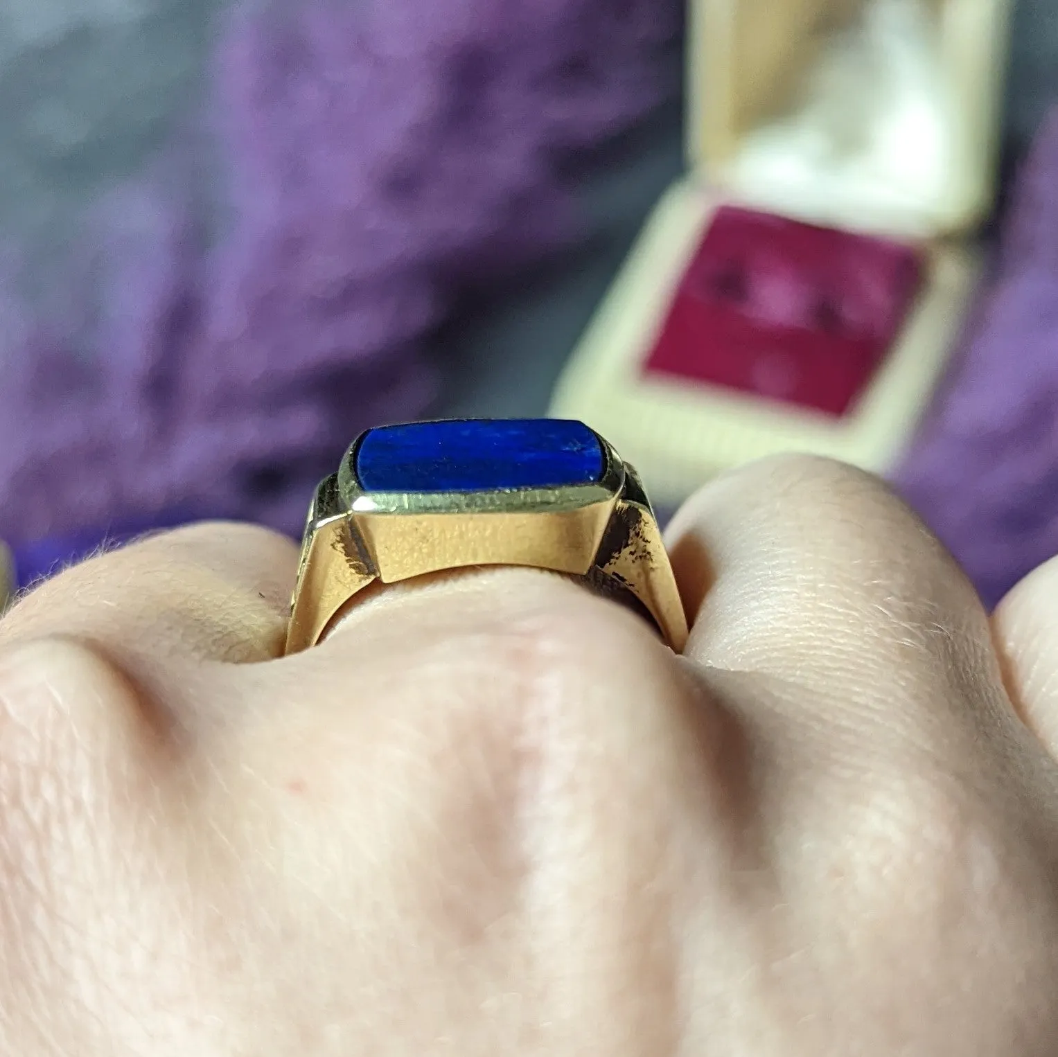 Art Deco Lapis Lazuli 14 Karat Yellow Gold Geometric Unisex Vintage Signet Ring