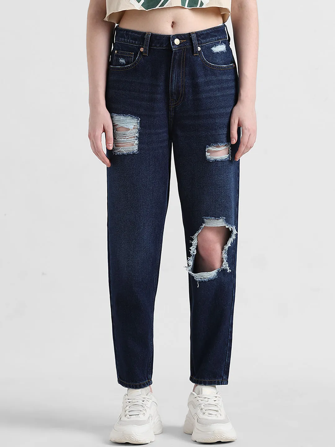 Buy Blue High Rise Ripped Mom Jeans for Women | ONLY | 168358001