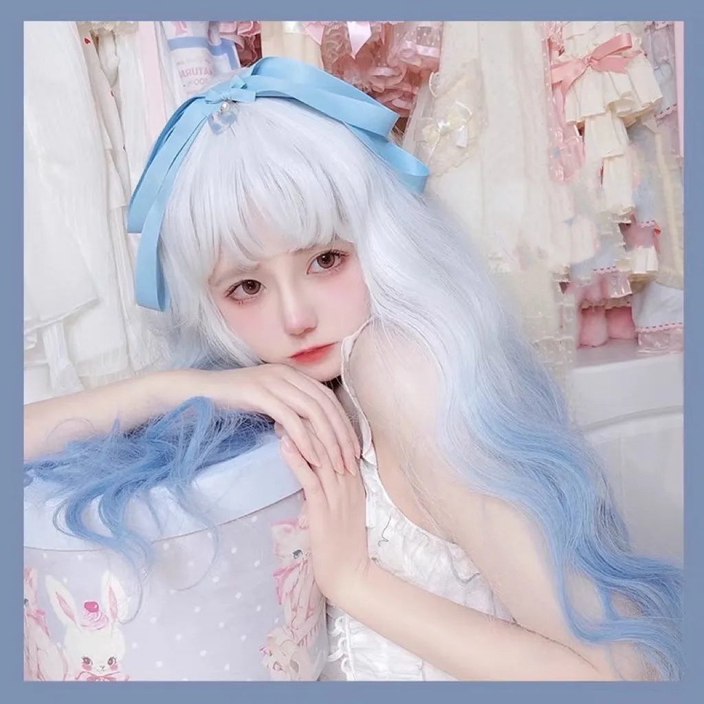 Fairy white blue gradient long curly wig BY6092