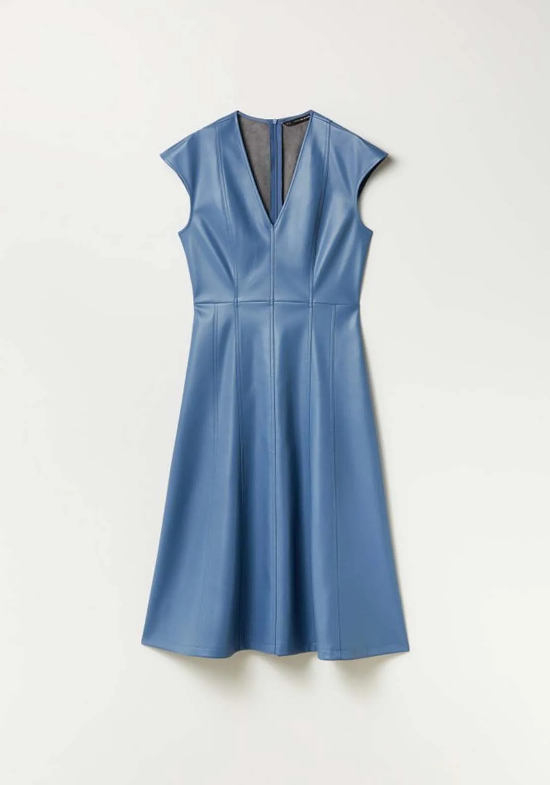 Faux Leather V Neck Sleeveless Dress - Blue