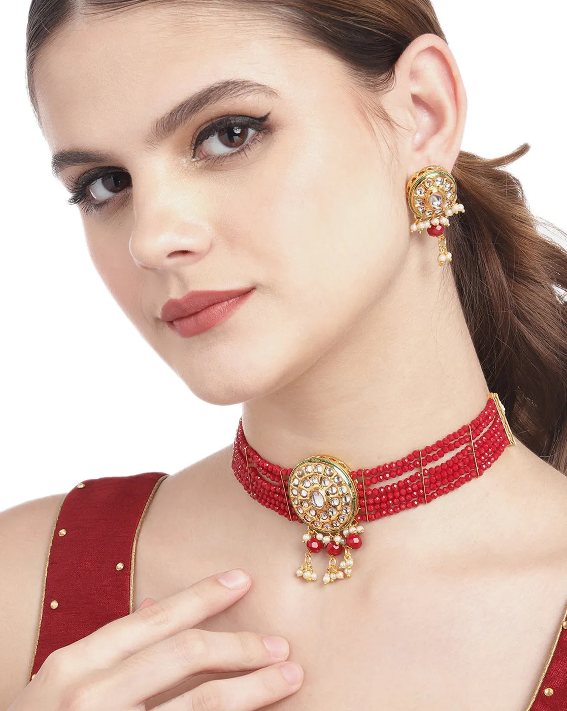 Gold Plated Glass bead Choker with earring for women