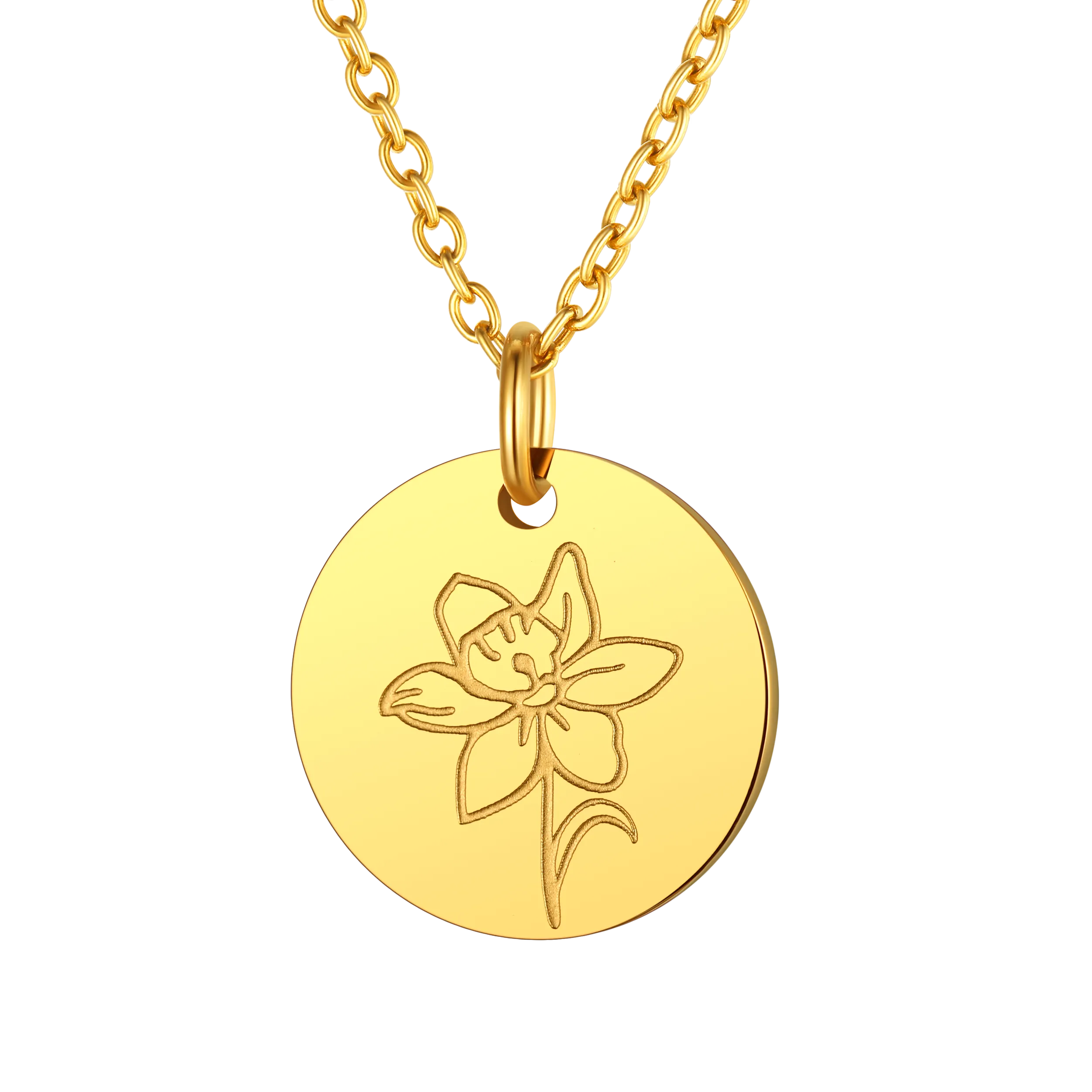 Personalized Custom Engraved Birth Flower Disc Necklace for Women