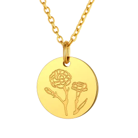 Personalized Custom Engraved Birth Flower Disc Necklace for Women