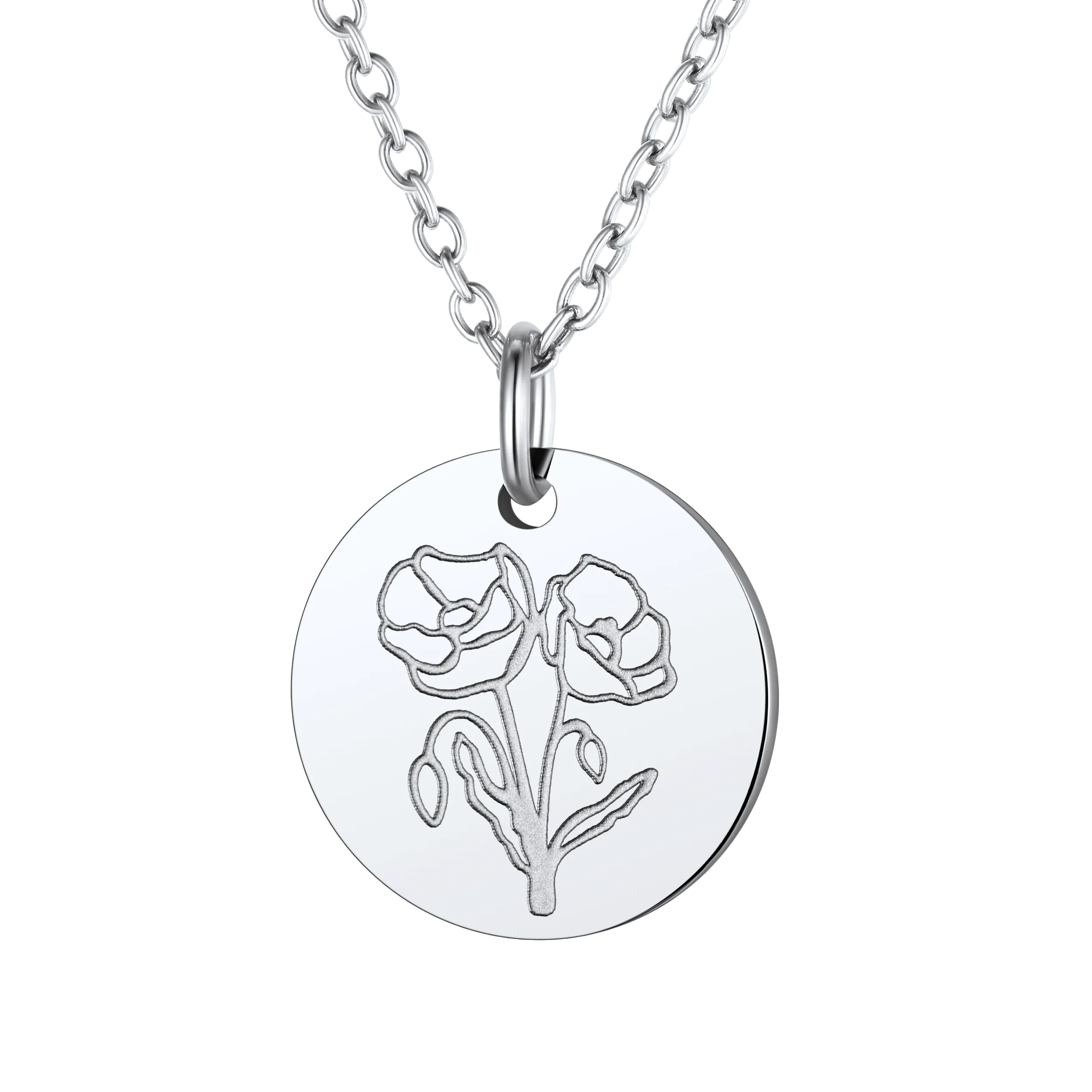 Personalized Custom Engraved Birth Flower Disc Necklace for Women