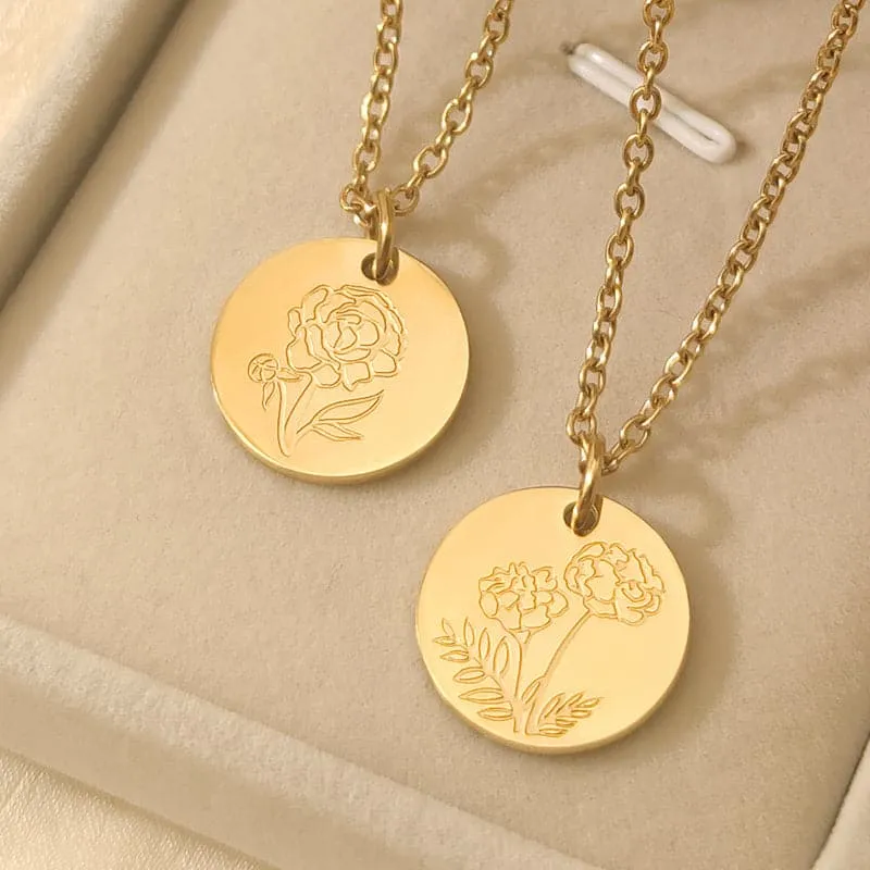 Personalized Custom Engraved Birth Flower Disc Necklace for Women