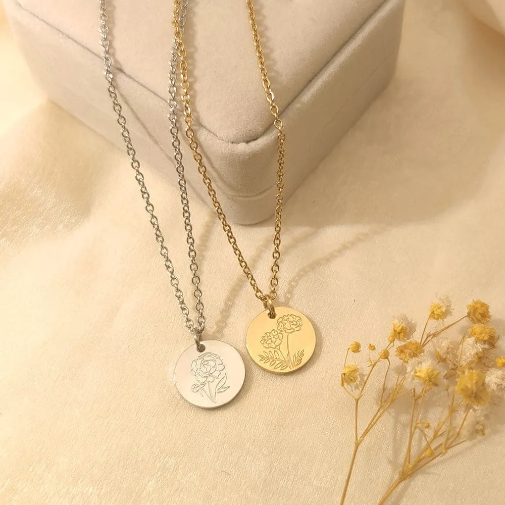 Personalized Custom Engraved Birth Flower Disc Necklace for Women