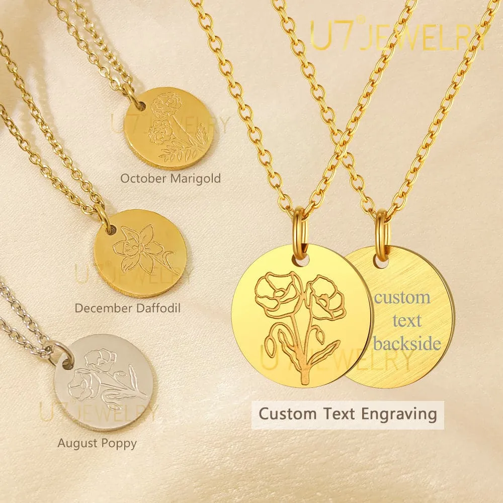 Personalized Custom Engraved Birth Flower Disc Necklace for Women