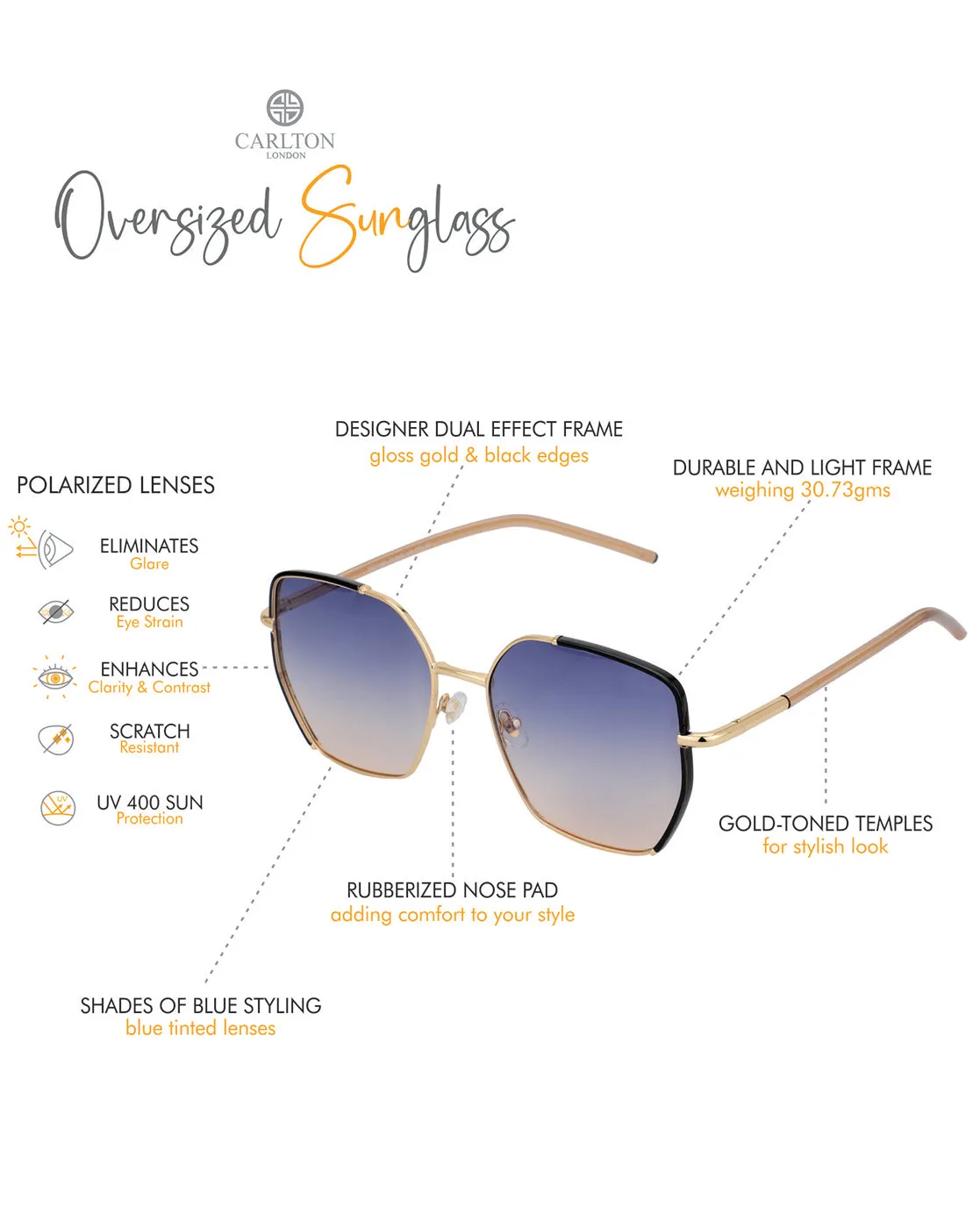 Premium Gold with Black Toned & Polarised Lens Oversized Sunglass for Women