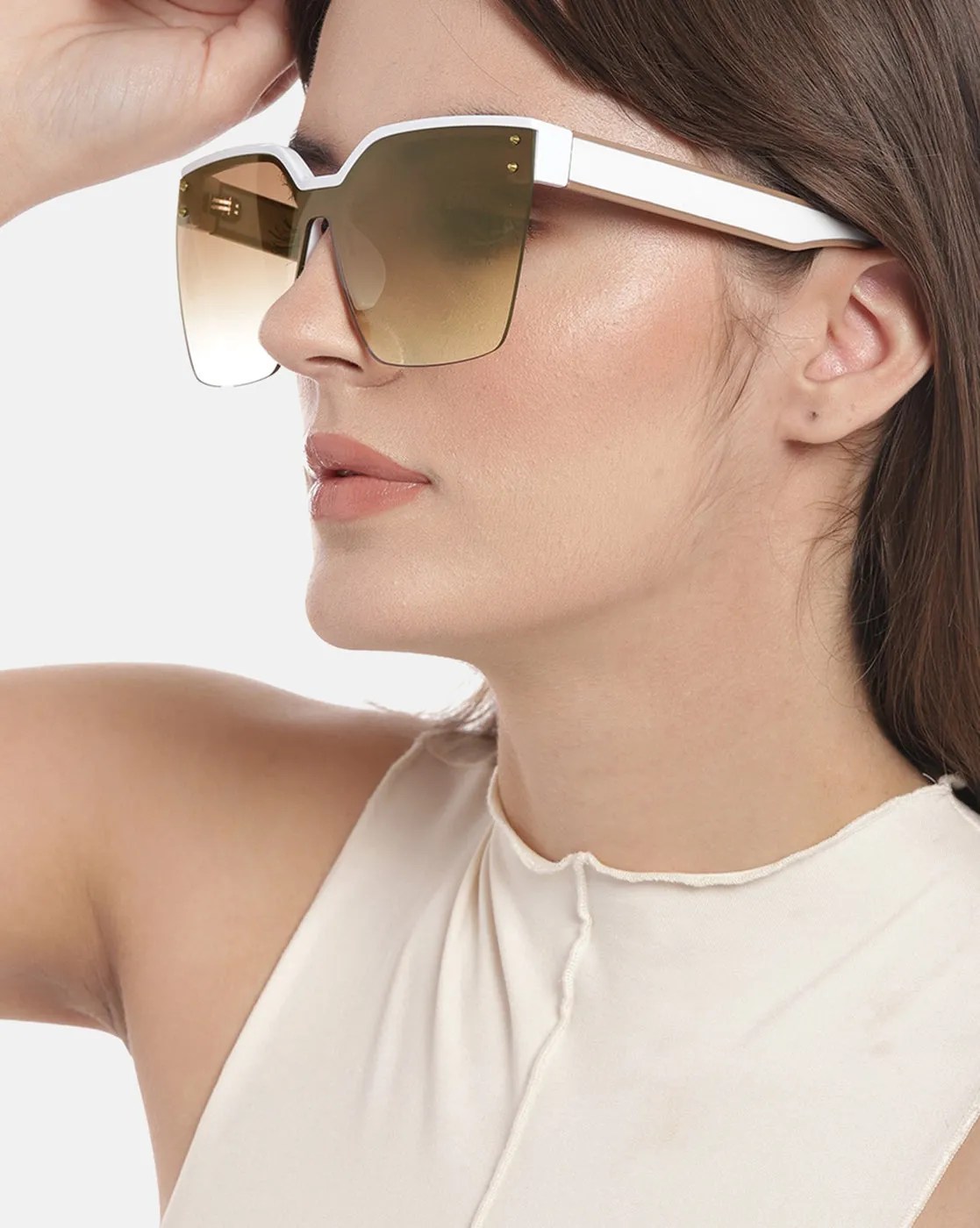 Premium White with Brown Toned & UV Protected Lens Oversized Sunglass for women