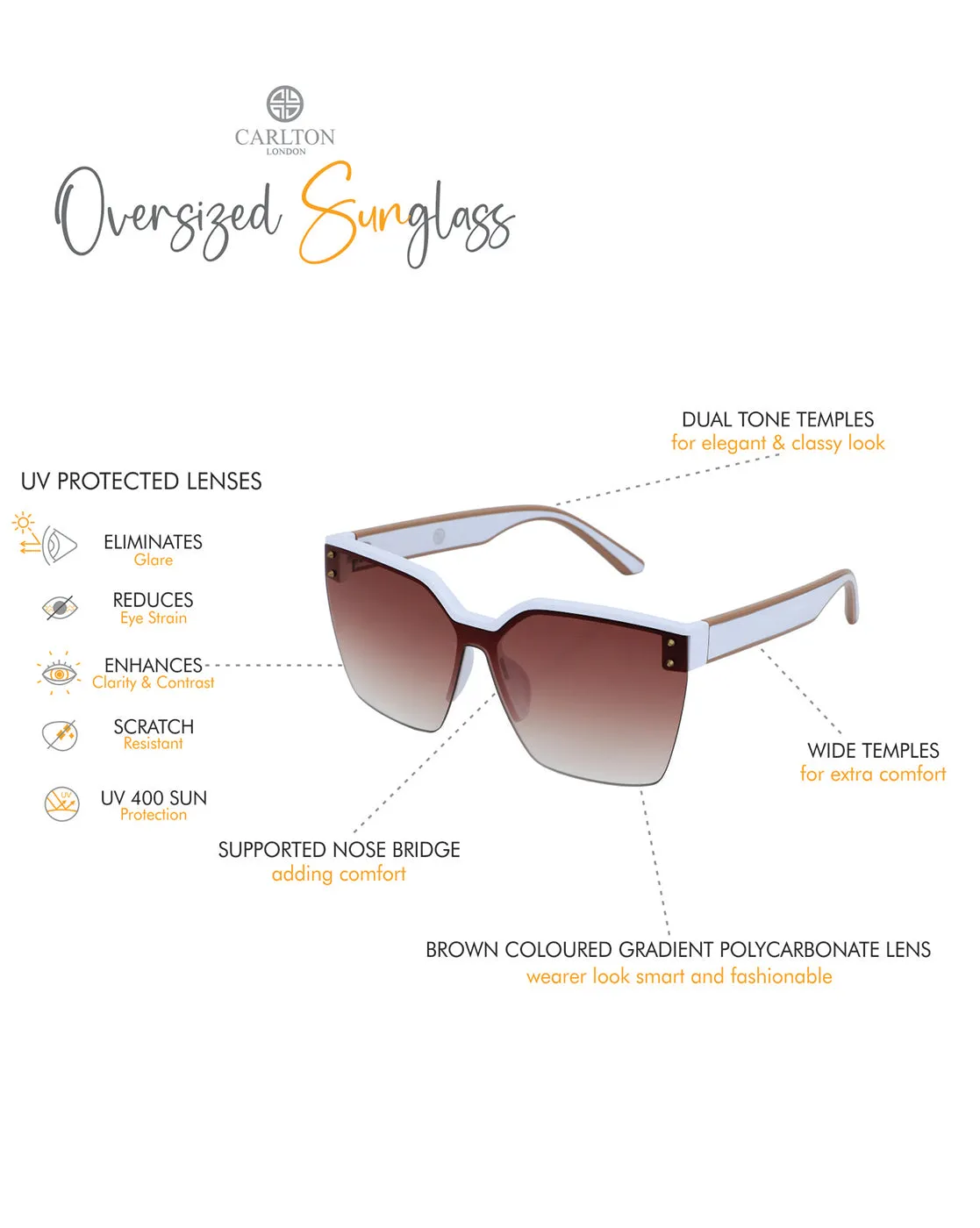 Premium White with Brown Toned & UV Protected Lens Oversized Sunglass for women