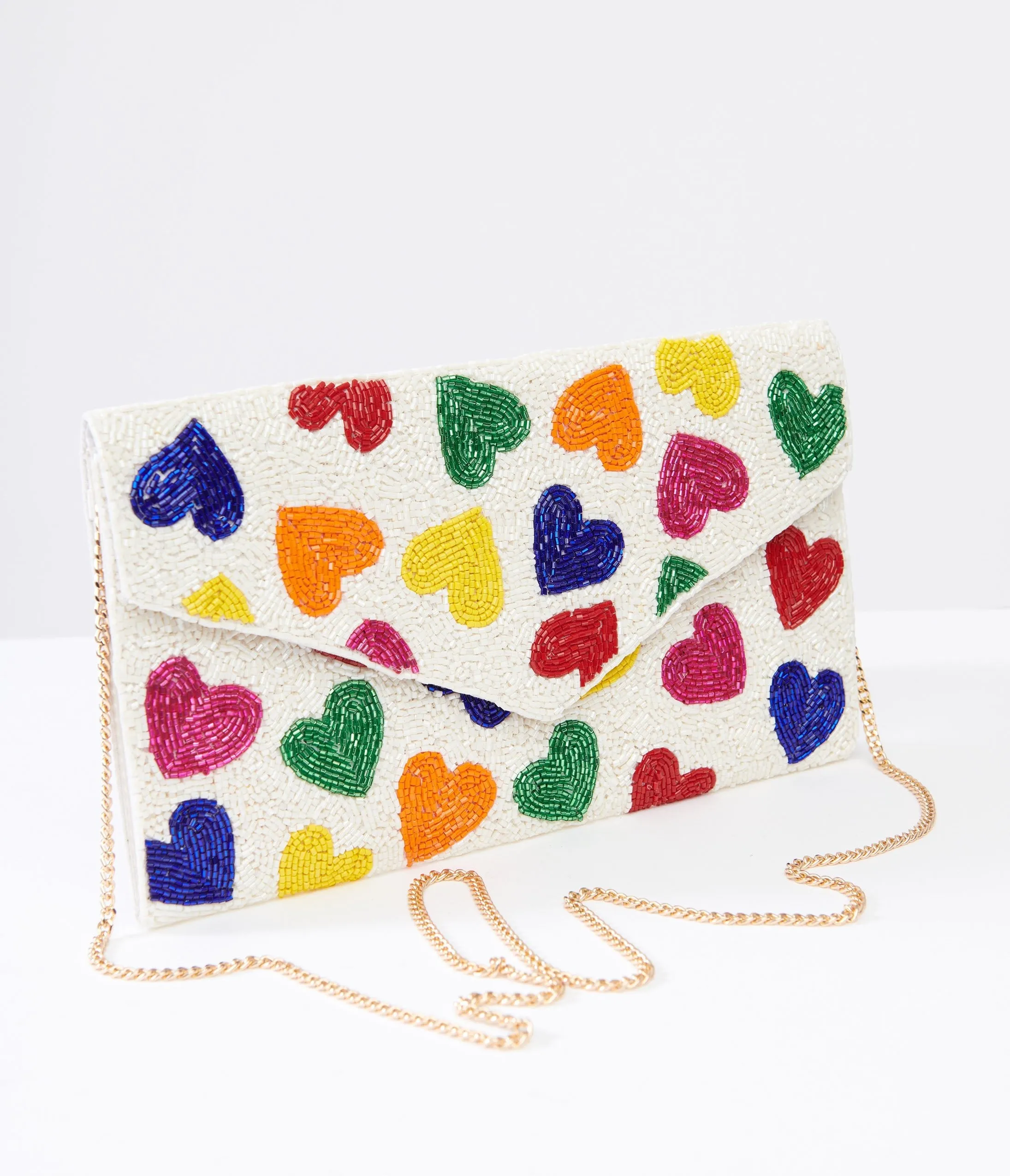 Rainbow Beaded Heart Clutch Handbag