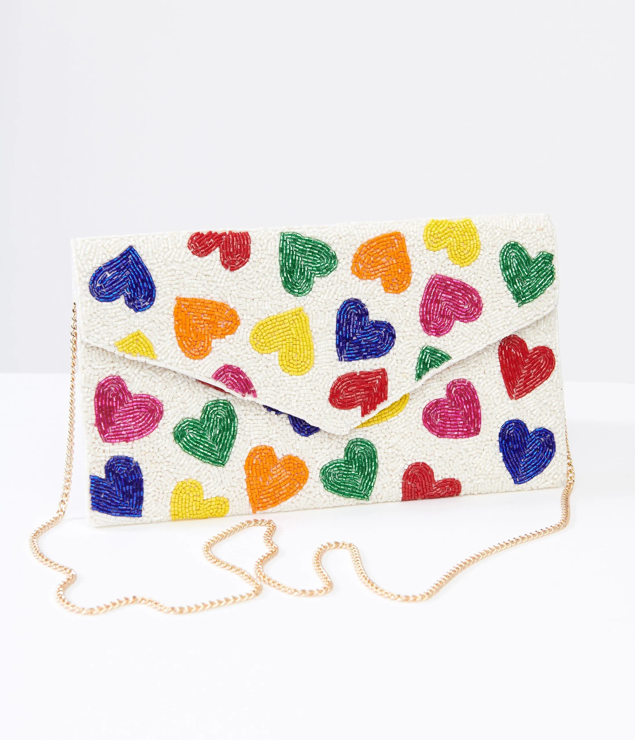 Rainbow Beaded Heart Clutch Handbag