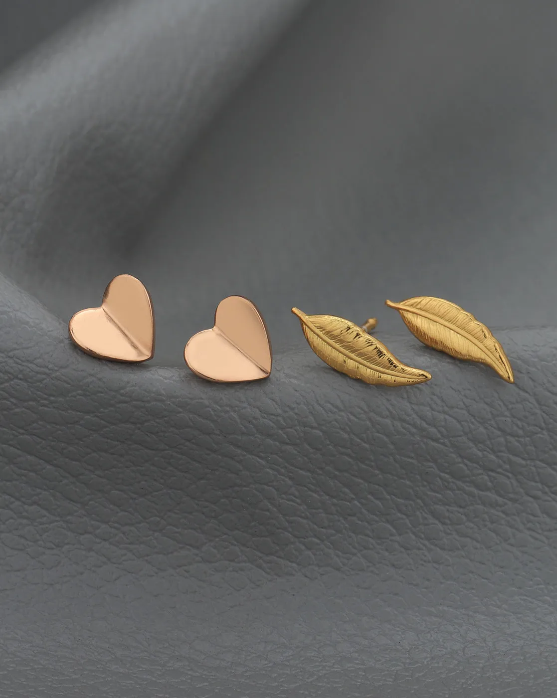 Set of 2 -18kt Gold & Rose Gold Plated Leaf and Heart Stud Earring for women