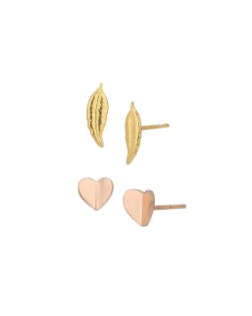 Set of 2 -18kt Gold & Rose Gold Plated Leaf and Heart Stud Earring for women