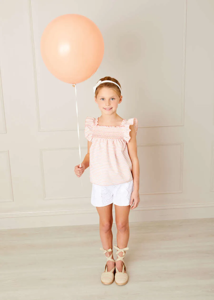 Striped Smock Detail Ruffle Sleeve Blouse in Tangerine (4-10yrs)