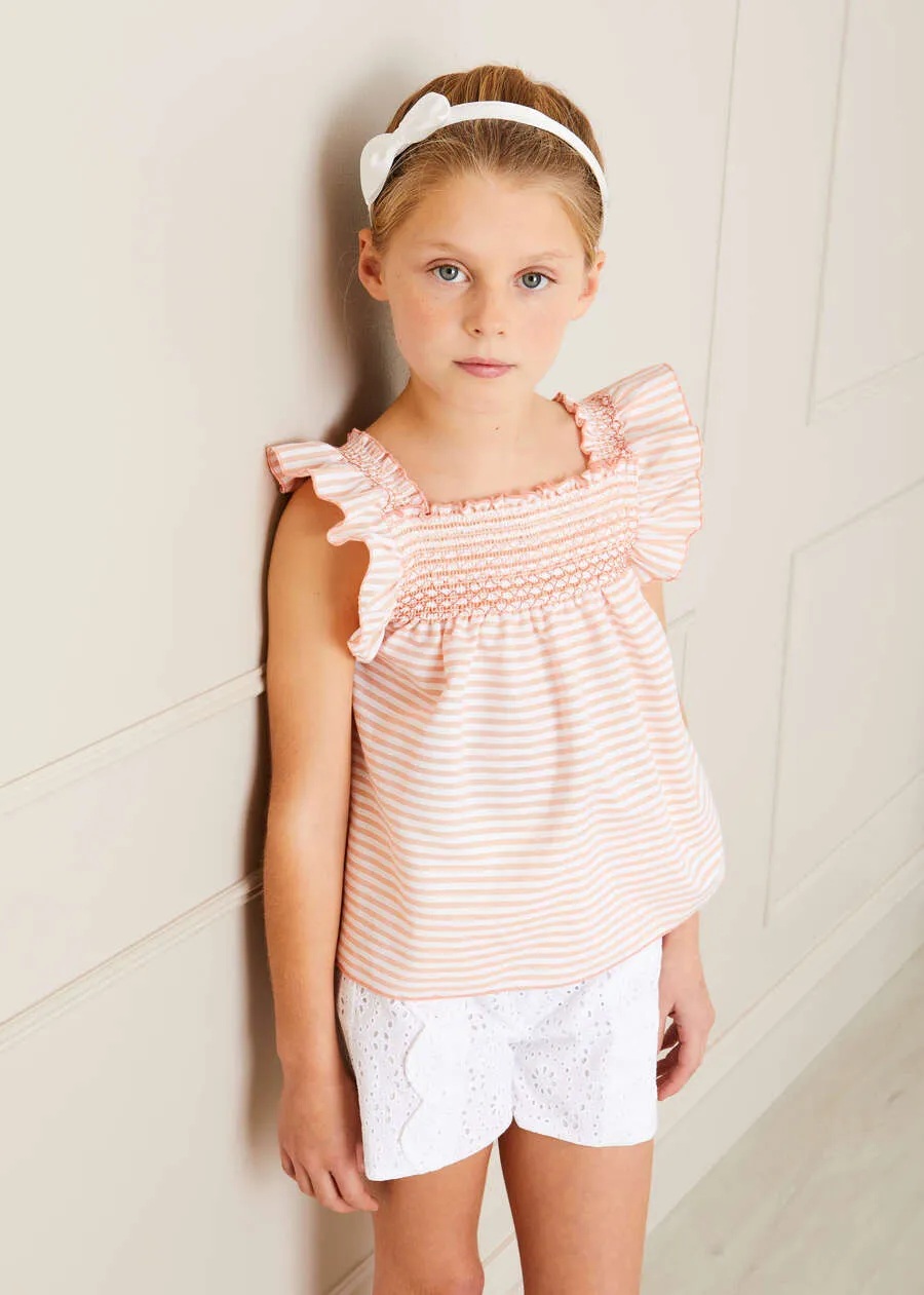 Striped Smock Detail Ruffle Sleeve Blouse in Tangerine (4-10yrs)