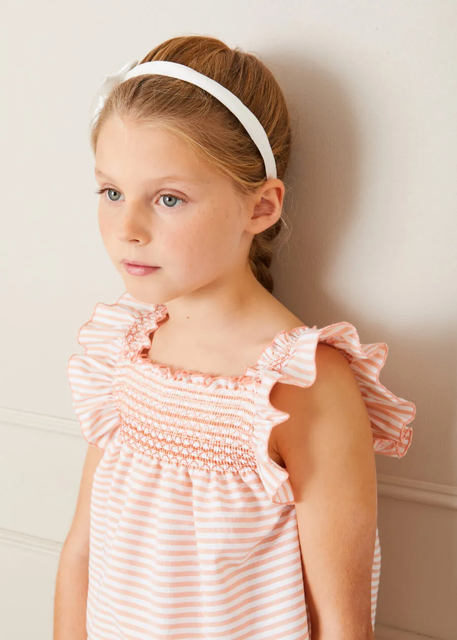 Striped Smock Detail Ruffle Sleeve Blouse in Tangerine (4-10yrs)