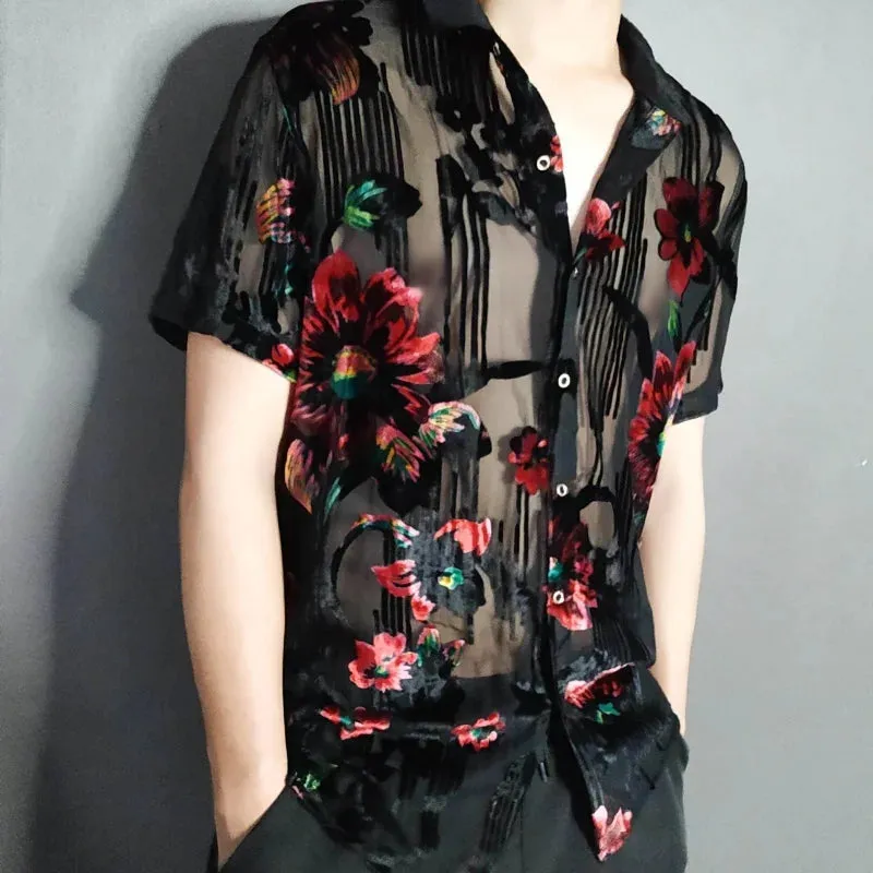 Summer Imitate Silk Floral Printed Transparent Short Sleeve Shirt for Men