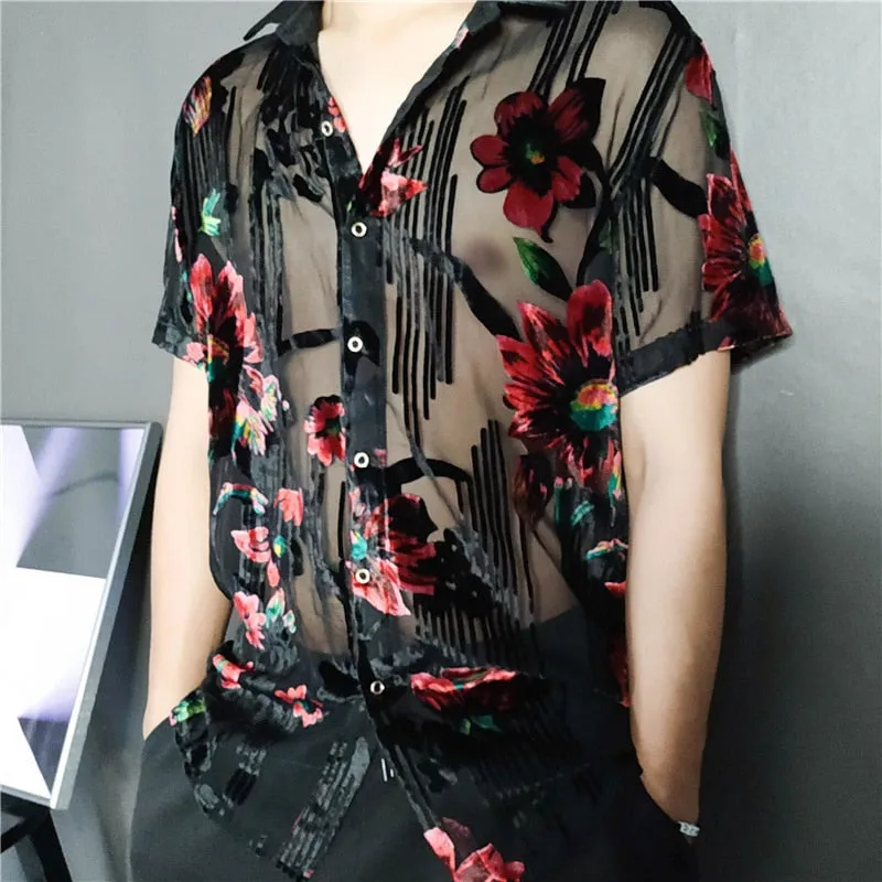 Summer Imitate Silk Floral Printed Transparent Short Sleeve Shirt for Men