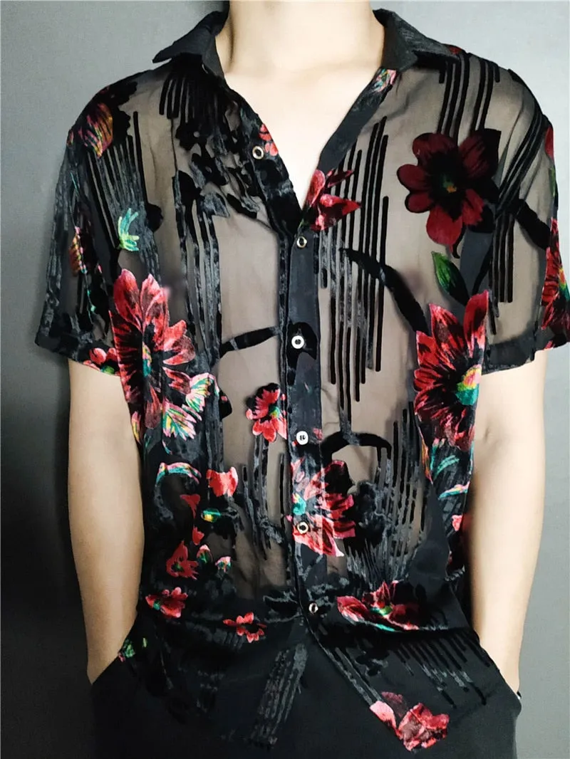 Summer Imitate Silk Floral Printed Transparent Short Sleeve Shirt for Men