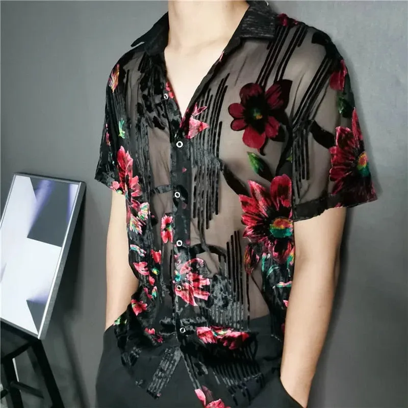 Summer Imitate Silk Floral Printed Transparent Short Sleeve Shirt for Men