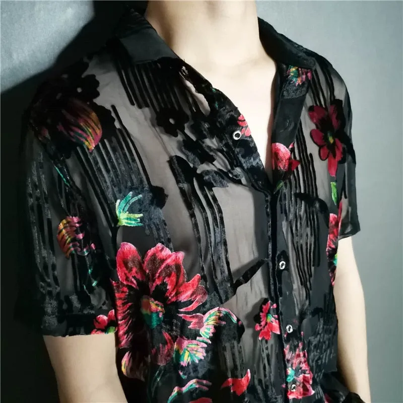 Summer Imitate Silk Floral Printed Transparent Short Sleeve Shirt for Men