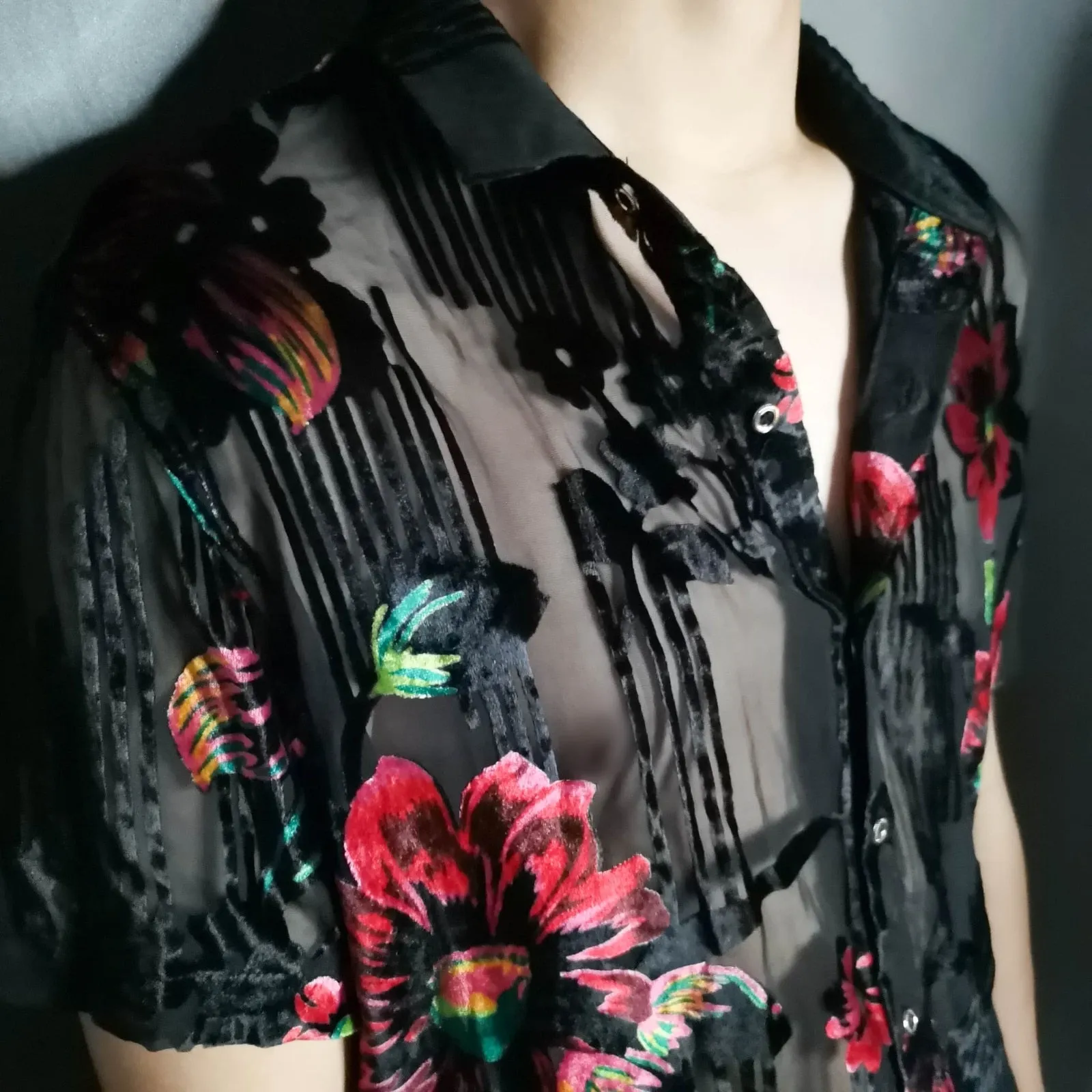 Summer Imitate Silk Floral Printed Transparent Short Sleeve Shirt for Men