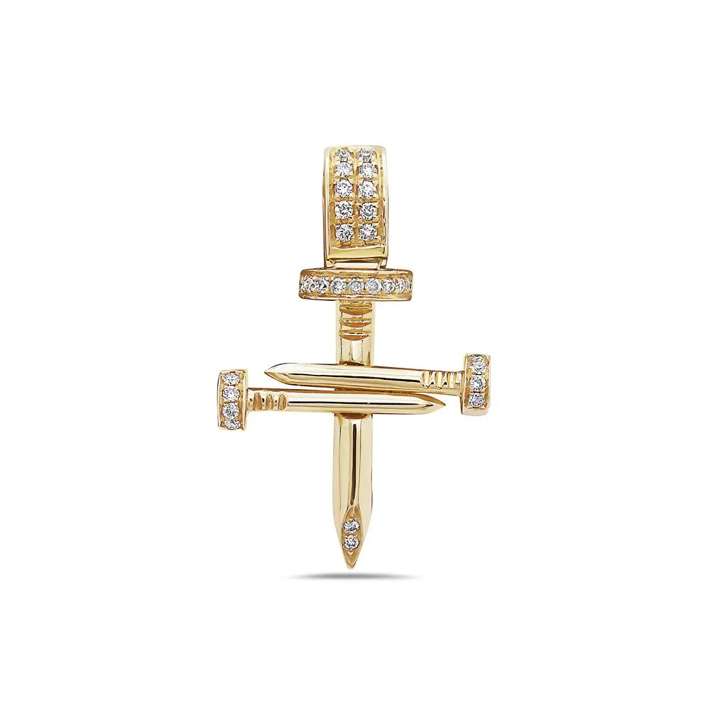 Unisex 14K Yellow Gold Cross of Nails Pendant with 0.16 CT Diamonds