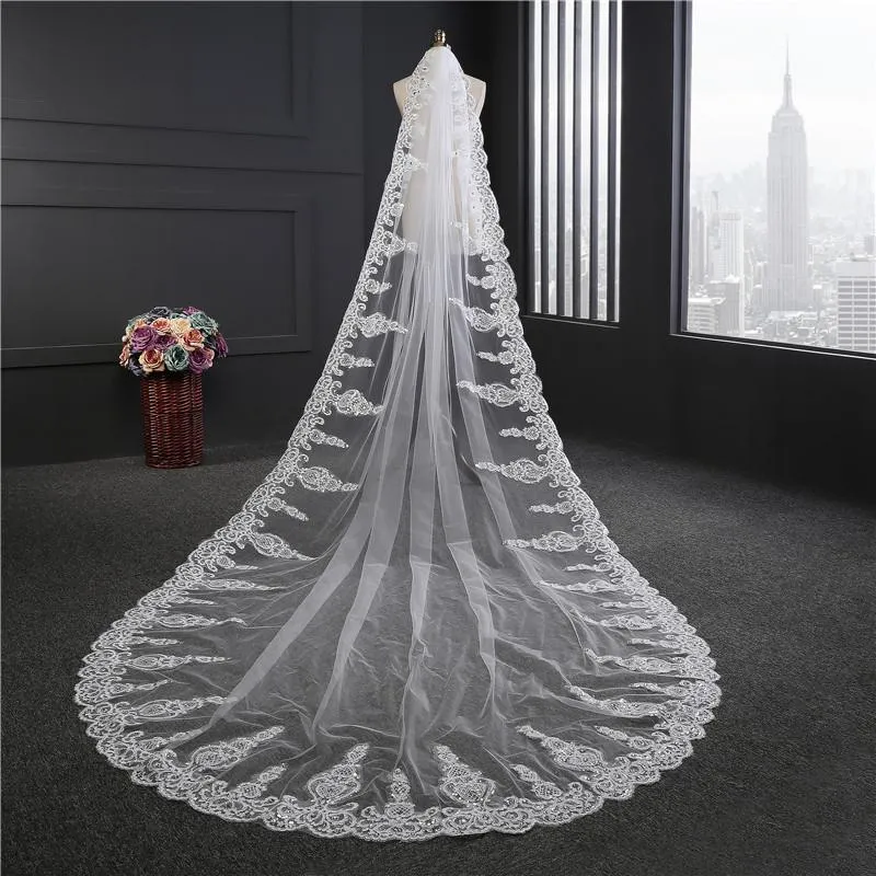 Voiles de Mariage 1 couche Bord en dentelle Tulle Voiles de mariée cathédrale Appliqué TS9002