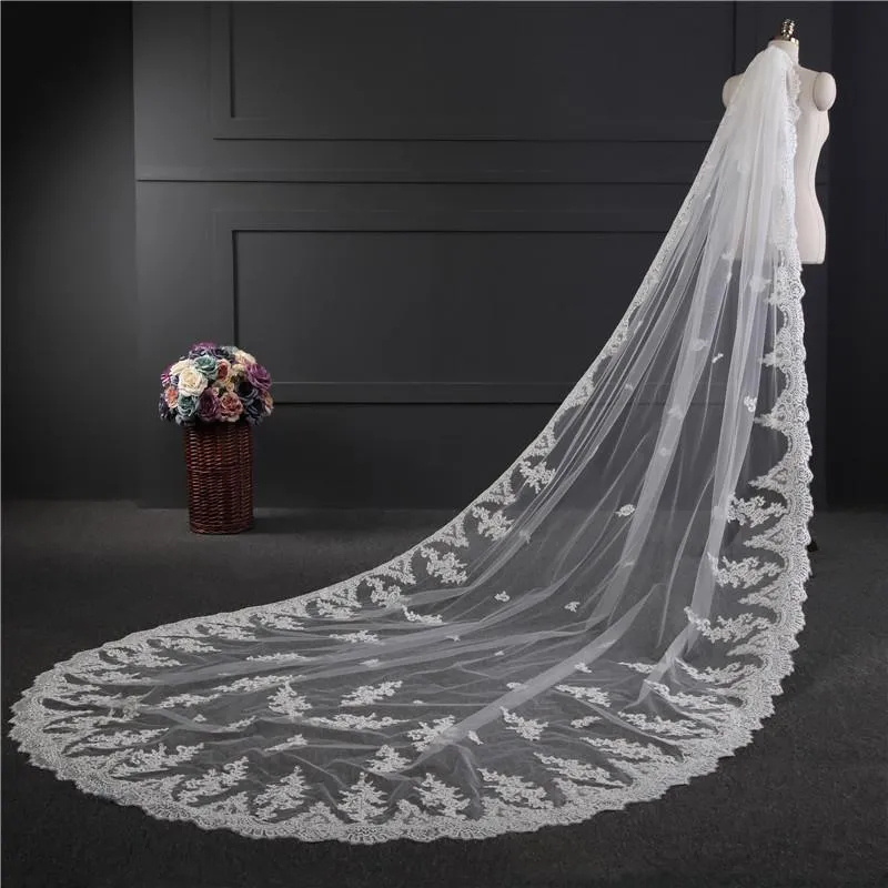 Voiles de Mariage 1 couche Bord en dentelle Tulle Voiles de mariée cathédrale Appliqué TS9010