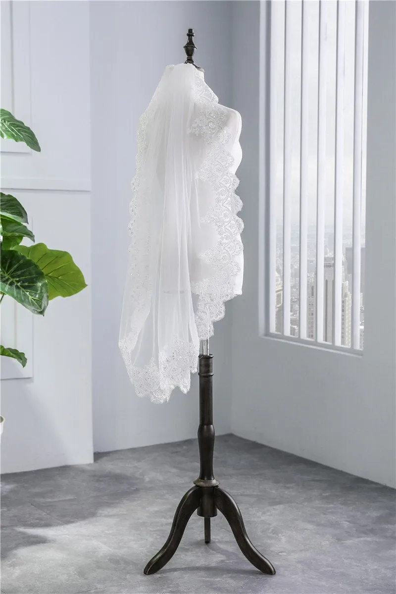 Voiles de Mariage 1 couche Tulle Bord en dentelle Voile de mariée longueur coude Appliqué TS91026