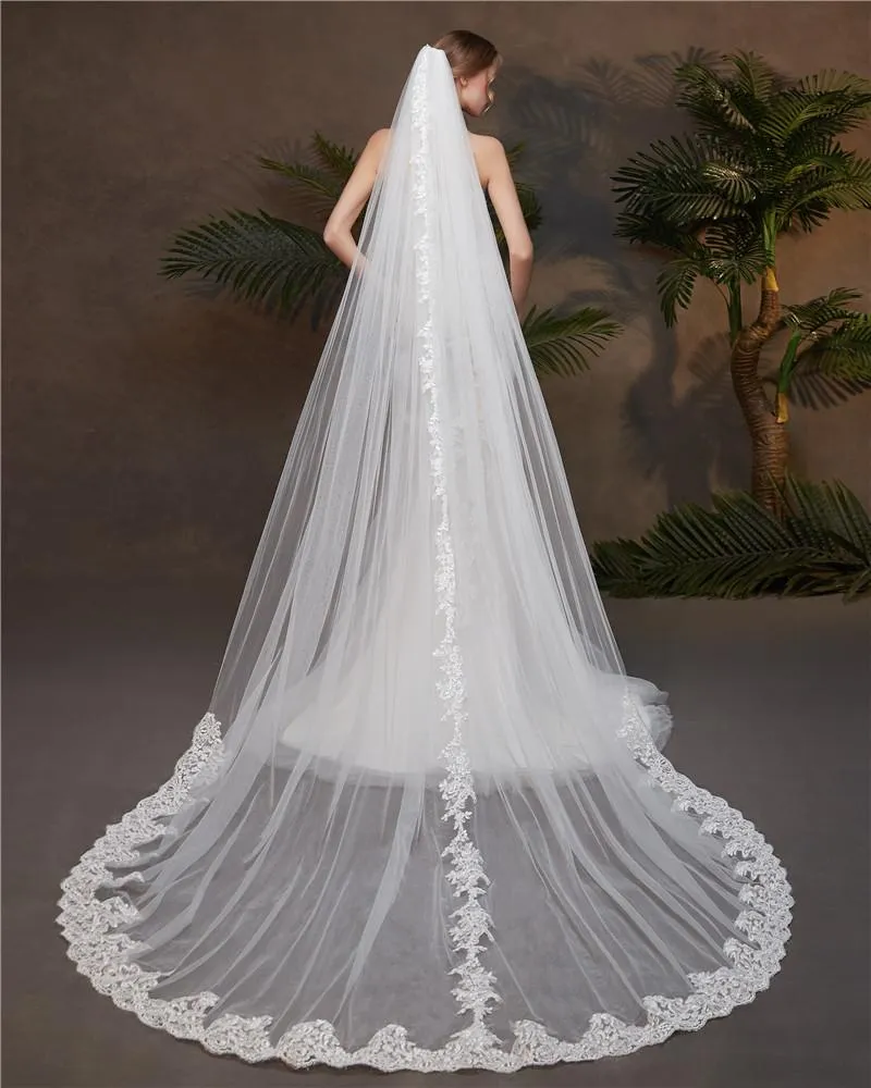 Voiles de Mariage 1 couche Tulle Bord en dentelle Voiles de mariée cathédrale Appliqué TS91015