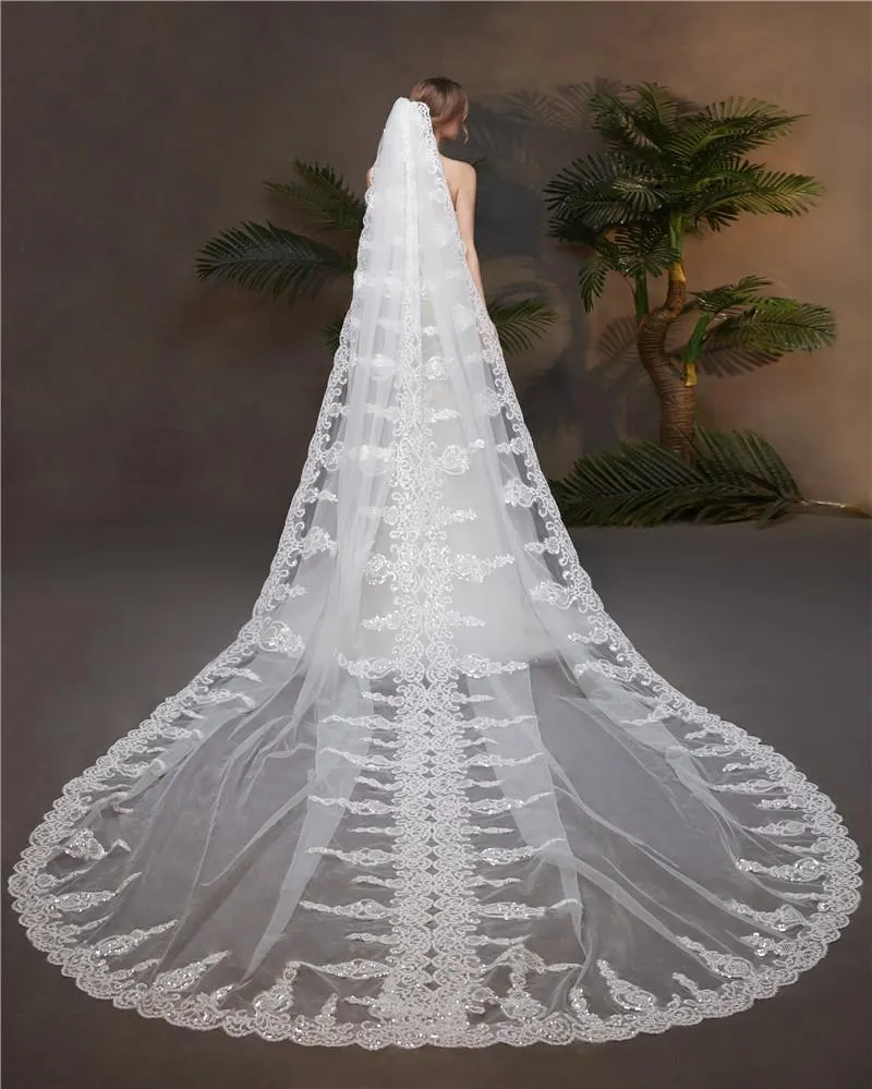 Voiles de Mariage 1 couche Tulle Bord en dentelle Voiles de mariée cathédrale Paillettes Appliqué TS91016