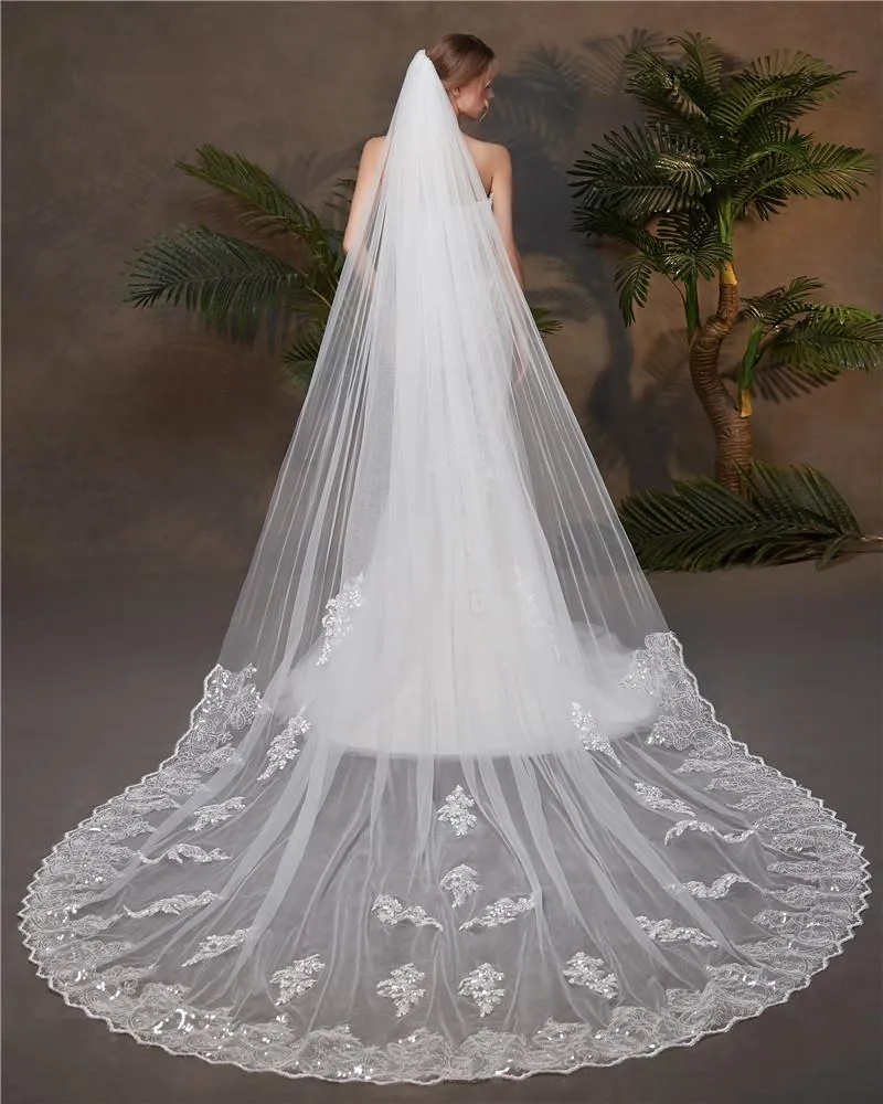 Voiles de Mariage 1 couche Tulle Bord en dentelle Voiles de mariée cathédrale Paillettes Appliqué TS91017