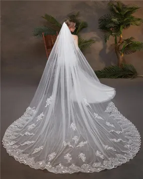 Voiles de Mariage 1 couche Tulle Bord en dentelle Voiles de mariée cathédrale Paillettes Appliqué TS91017