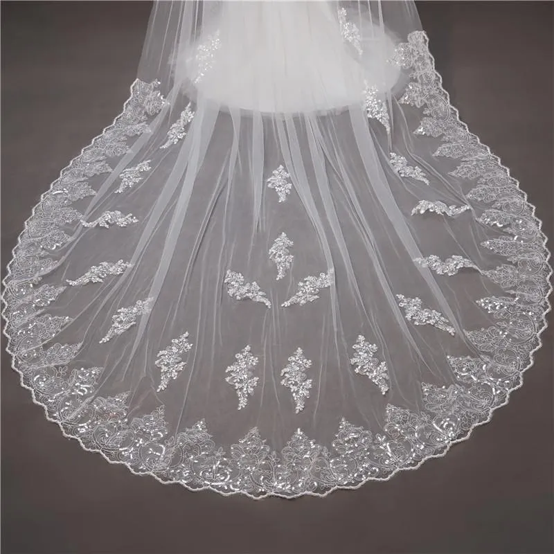 Voiles de Mariage 1 couche Tulle Bord en dentelle Voiles de mariée cathédrale Paillettes Appliqué TS91017