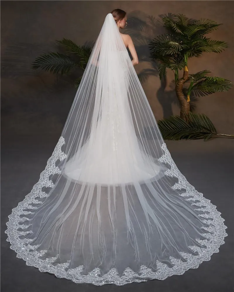 Voiles de Mariage 1 couche Tulle Bord en dentelle Voiles de mariée cathédrale Paillettes Appliqué TS91018