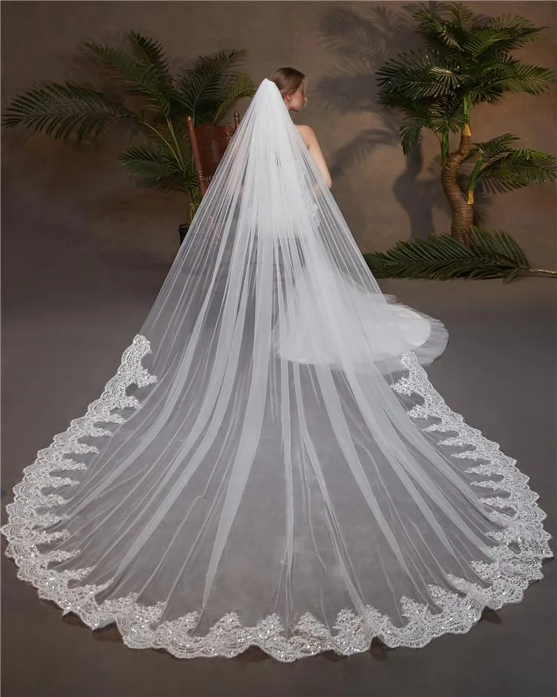 Voiles de Mariage 1 couche Tulle Bord en dentelle Voiles de mariée cathédrale Paillettes Appliqué TS91018