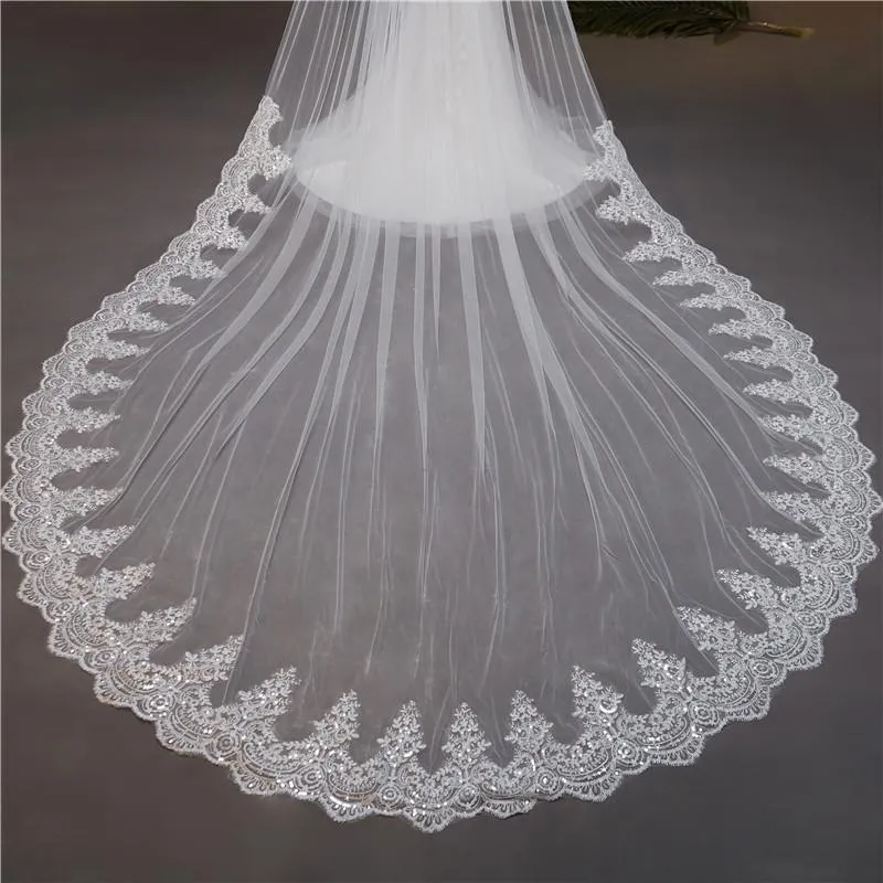 Voiles de Mariage 1 couche Tulle Bord en dentelle Voiles de mariée cathédrale Paillettes Appliqué TS91018