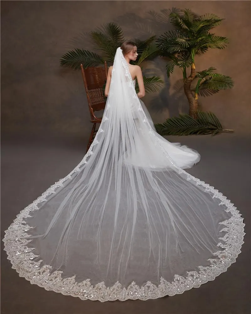 Voiles de Mariage 1 couche Tulle Bord en dentelle Voiles de mariée cathédrale Paillettes Appliqué TS91019