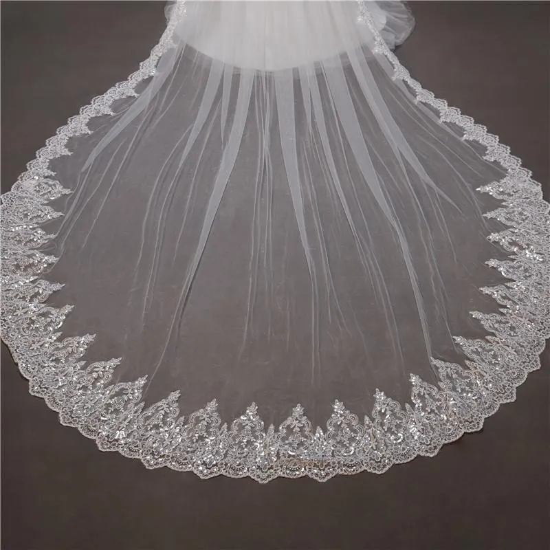 Voiles de Mariage 1 couche Tulle Bord en dentelle Voiles de mariée cathédrale Paillettes Appliqué TS91019