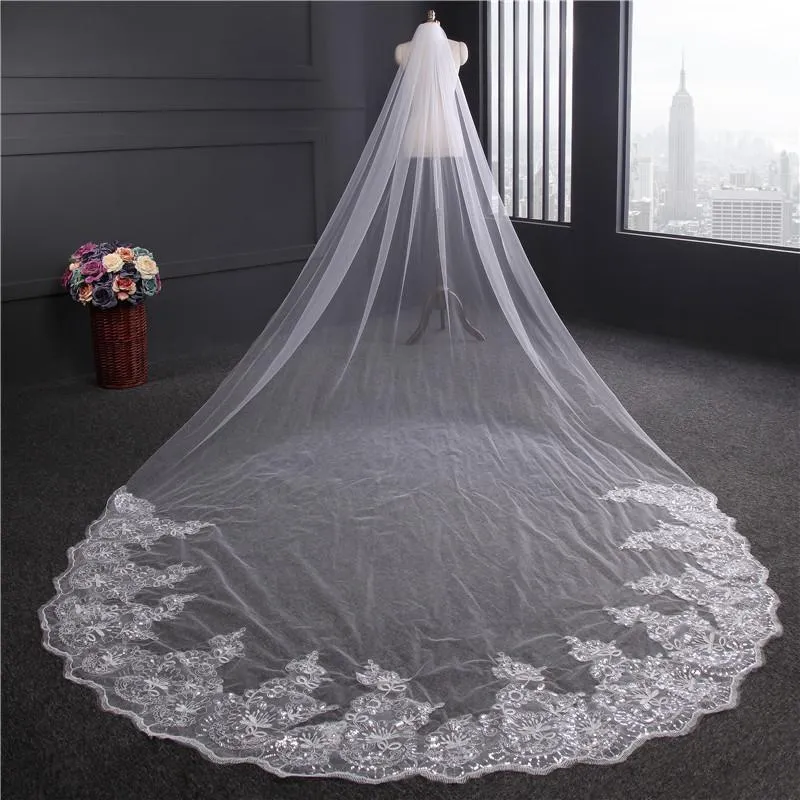 Voiles de Mariage 1 couche Tulle Bord en dentelle Voiles de mariée cathédrale Paillettes Appliqué TS91045