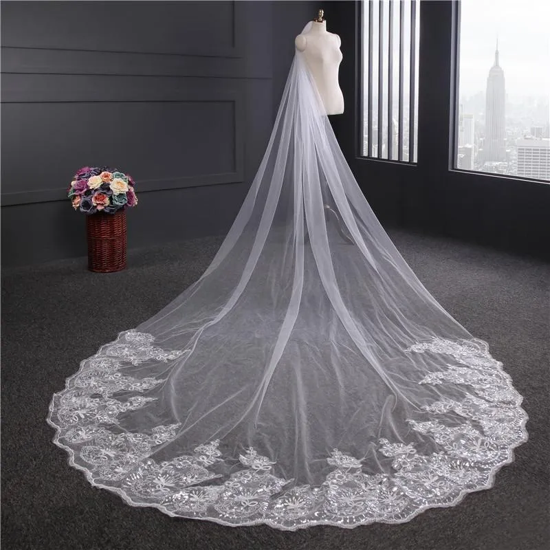 Voiles de Mariage 1 couche Tulle Bord en dentelle Voiles de mariée cathédrale Paillettes Appliqué TS91045