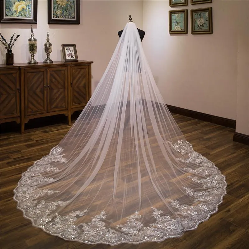 Voiles de Mariage 1 couche Tulle Bord en dentelle Voiles de mariée cathédrale Paillettes Appliqué TS91045