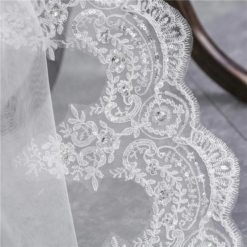 Voiles de Mariage 1 couche Tulle Bord en dentelle Voiles de mariée chappelle Appliqué TS91004