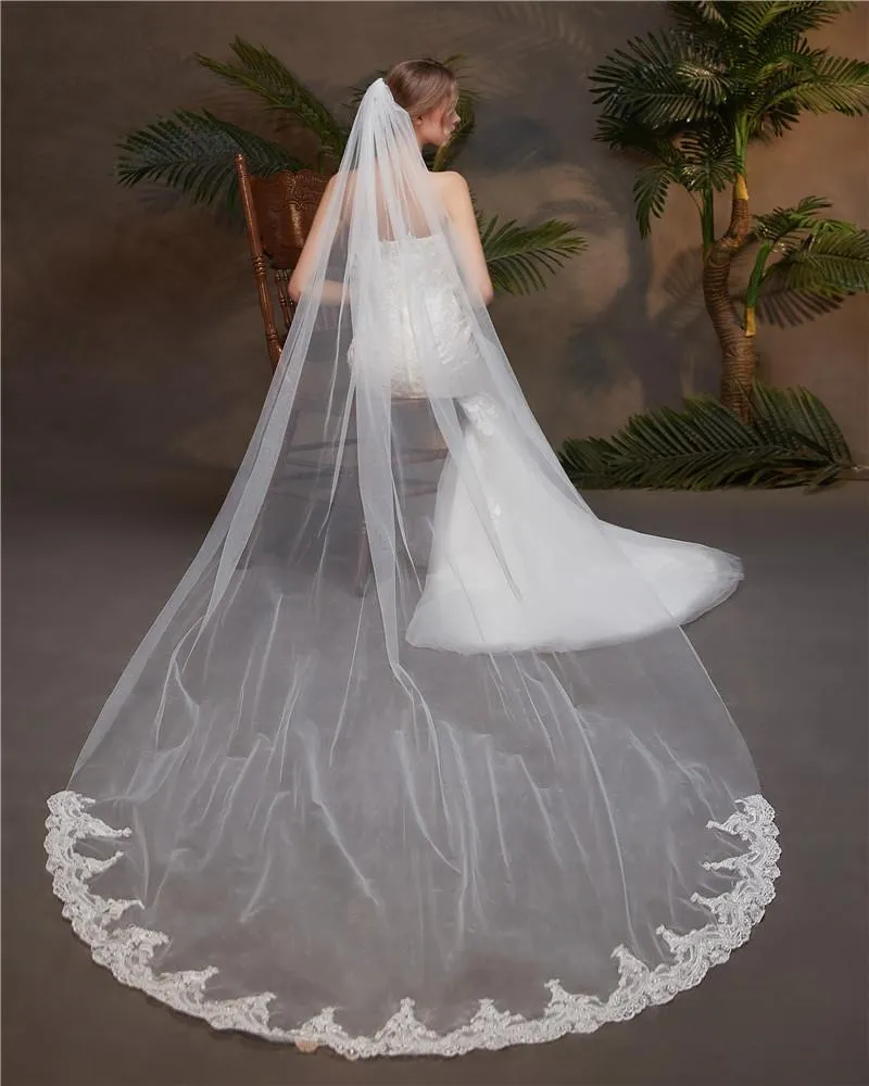 Voiles de Mariage 1 couche Tulle Bord en dentelle Voiles de mariée chappelle Appliqué TS91012