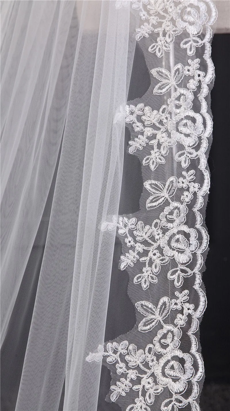 Voiles de Mariage 1 couche Tulle Bord en dentelle Voiles de mariée chappelle Appliqué TS91036