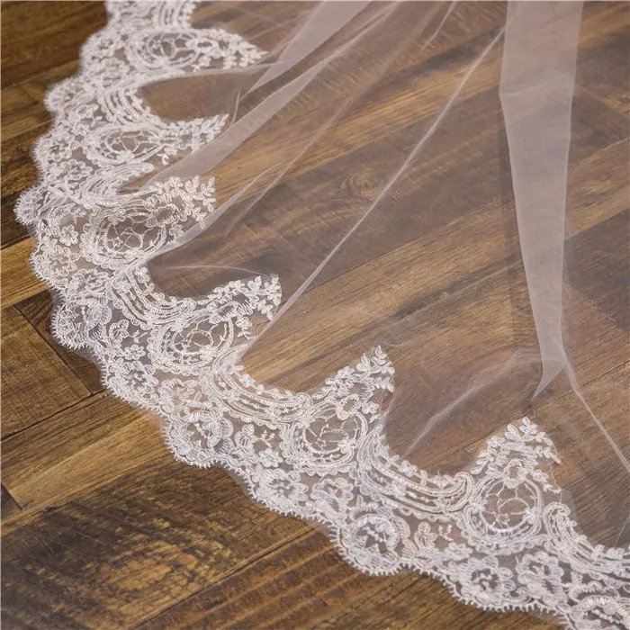 Voiles de Mariage 1 couche Tulle Bord en dentelle Voiles de mariée chappelle Appliqué TS91043