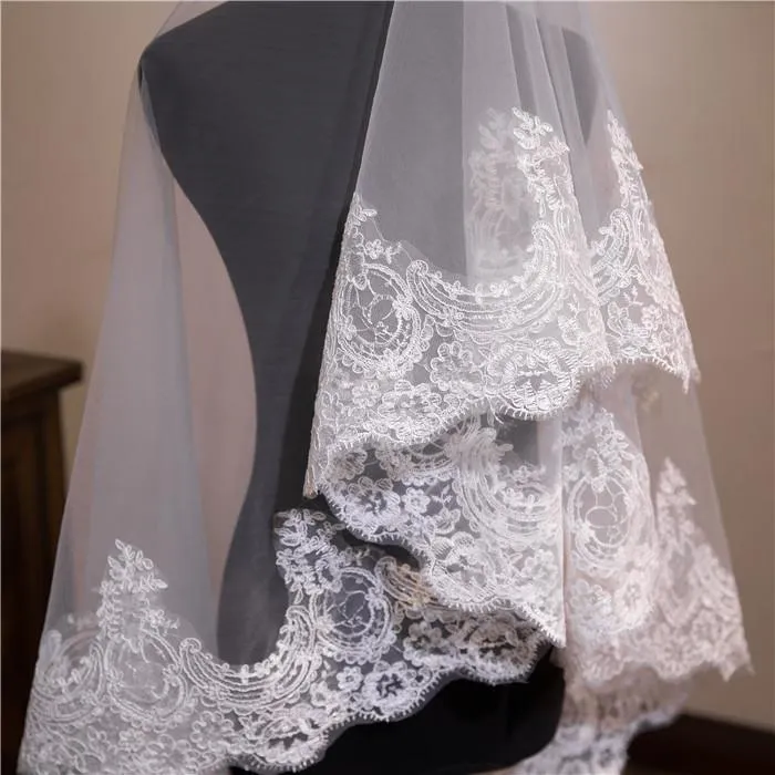 Voiles de Mariage 1 couche Tulle Bord en dentelle Voiles de mariée chappelle Appliqué TS91043